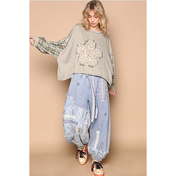 POL Dusky Sage Size Medium Round Neck Plaid Sleeve Floral Print Ribbed Top - Picture 5 of 5